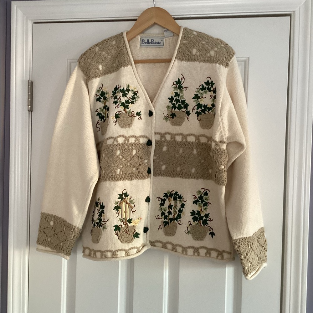 Vintage Belle Pointe Cottage Floral Leaf And Plant Knitted Cardigan Sweater L